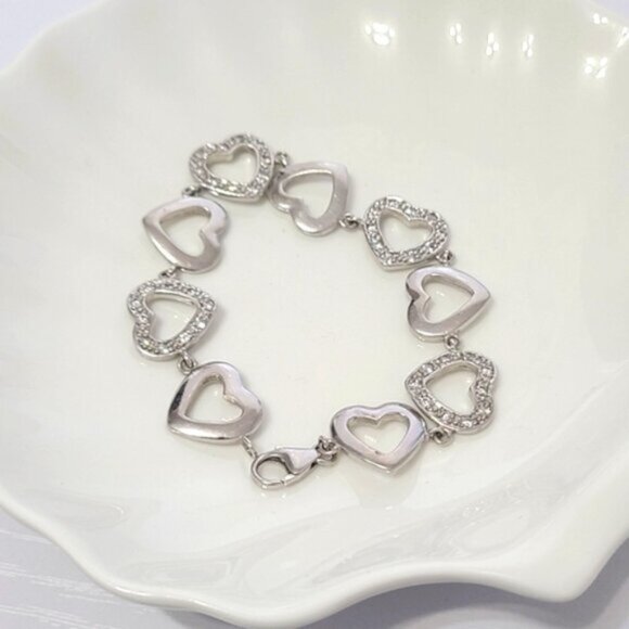 Vintage Sterling Silver Chain Link Crystal Rhinestone Heart Bracelet - Picture 9 of 12